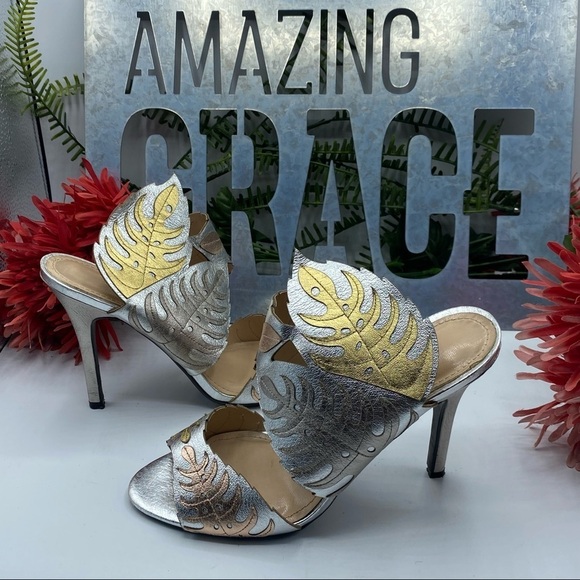 J.Renee Shoes - J. Renee Sz 7 Angelina Laser Cut High Heel Sandals Silver Copper Metallic